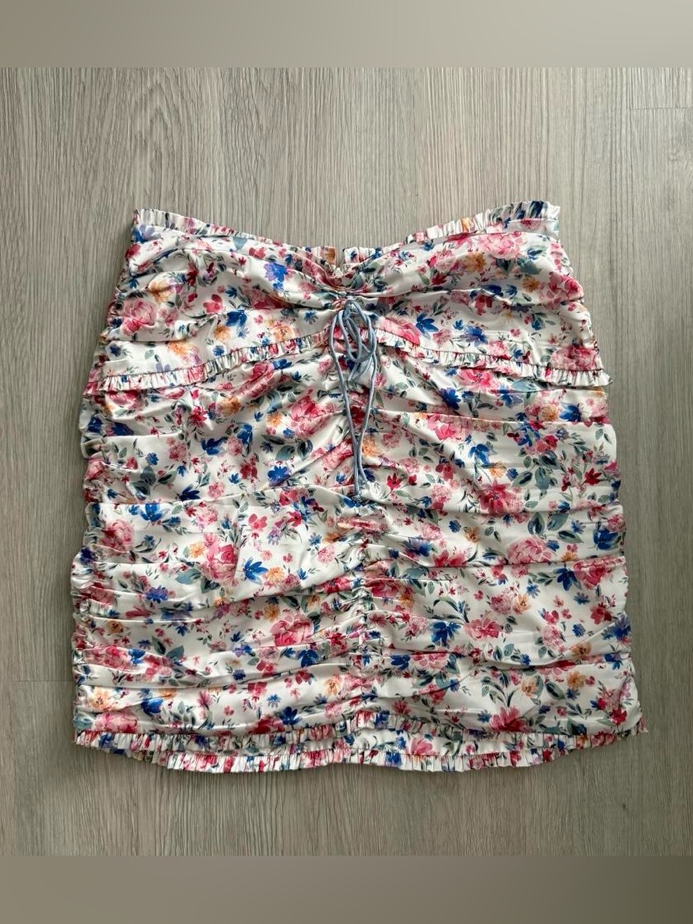 For Love & Lemons Floral Ruched Mini Skirt - White with Pink & Blue Flowers